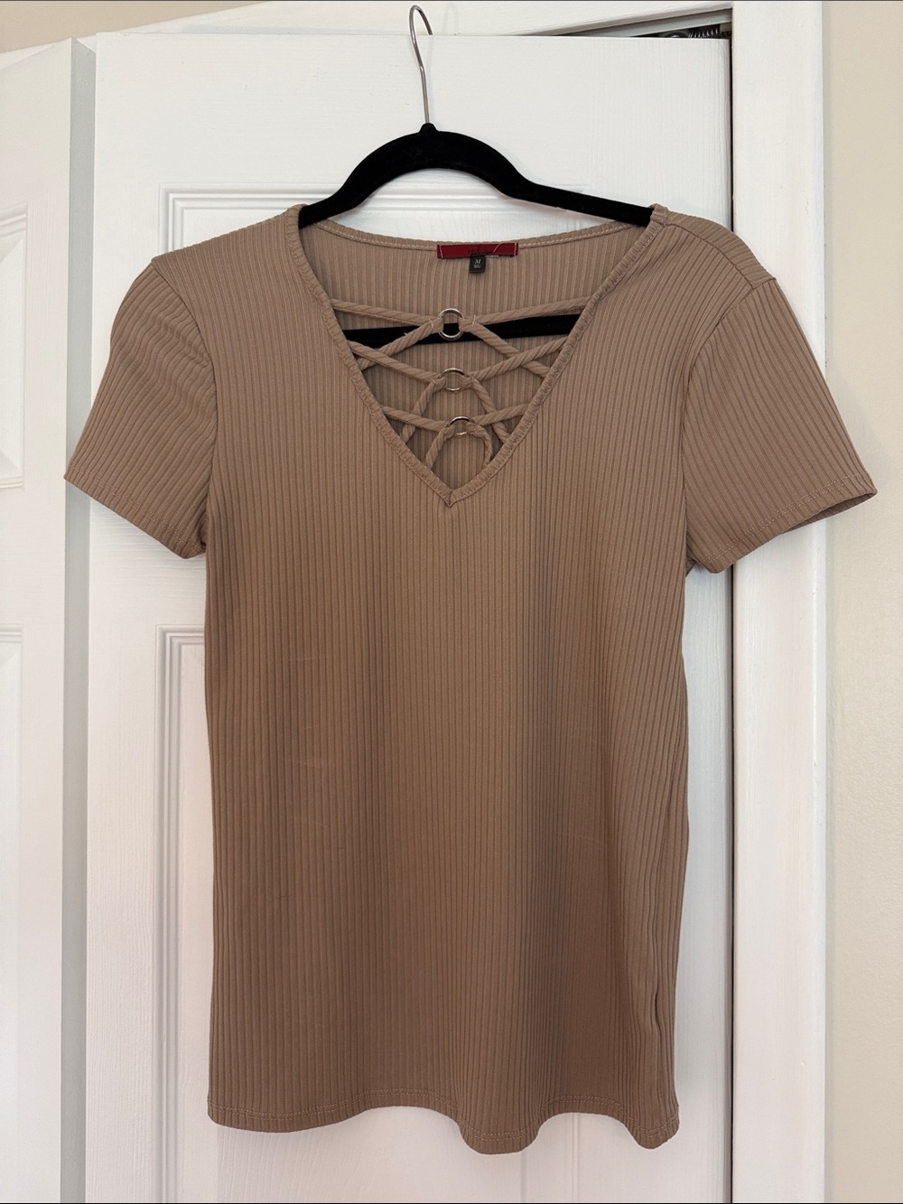 Buckle Taupe Ribbed Lace-Up V-Neck Short Sleeve Top